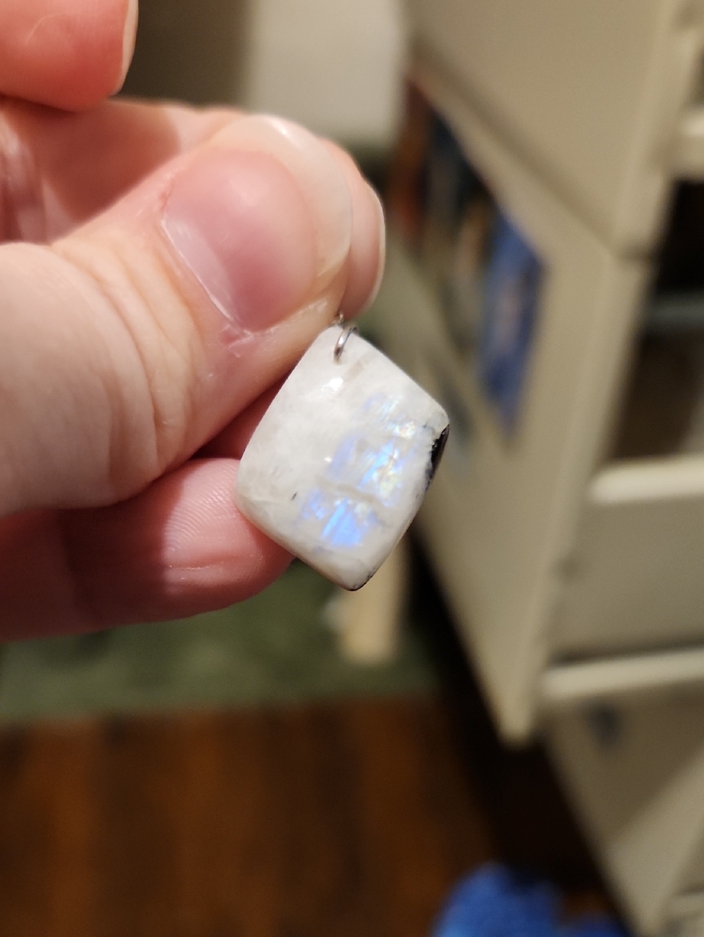 Moonstone Iridescent Rectangle Pendant - White with Blue Flash and Schorl Bits